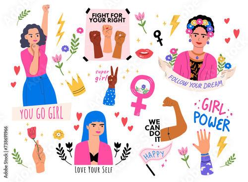 collection of inspirational quotes, cute women and feminism illustration for International Women's Day © anggola