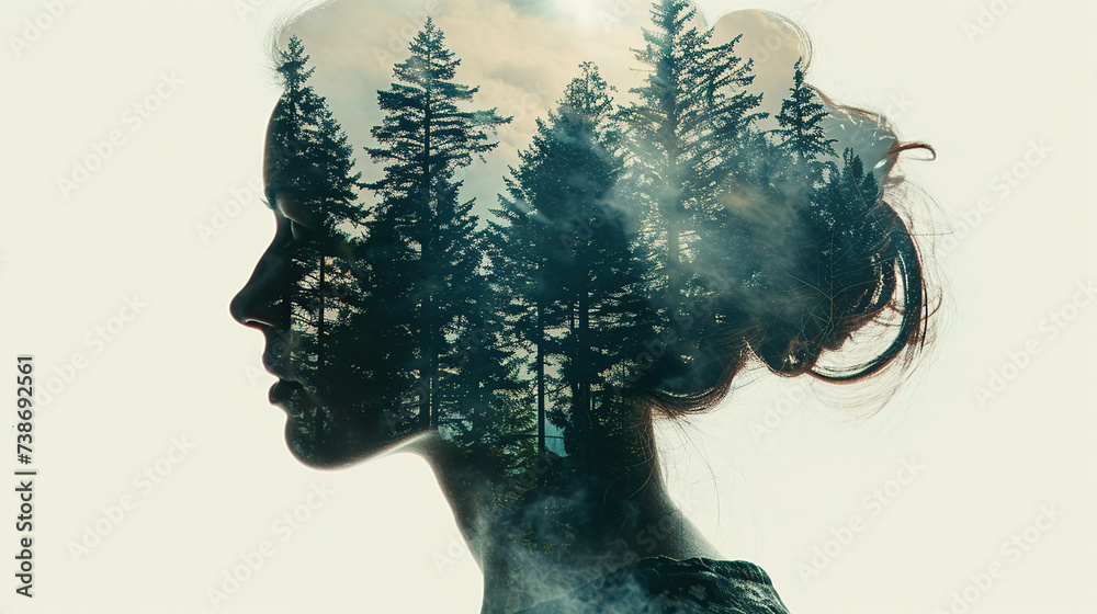 Double exposure of a woman's head with forest landscape in the background