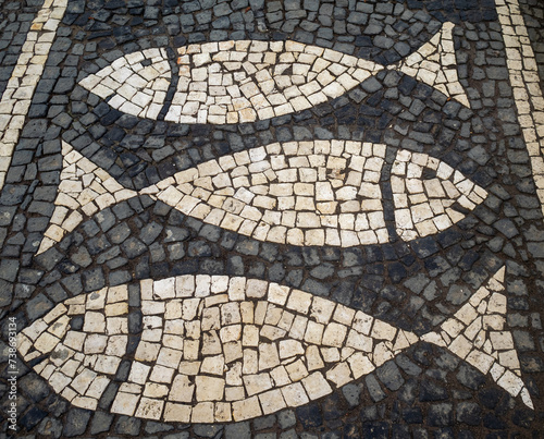 Black and white sidewalk stone pavement with a representation of fish