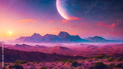 Mountain Sunrise View with Red Sun and Foggy Horizon