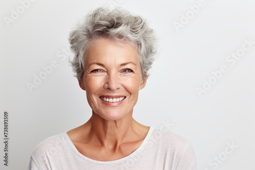 Mature woman with grey hair. Portrait of beautiful senior woman looking at camera and smiling while standing against grey background