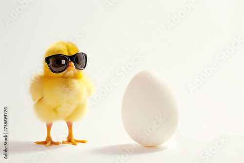 A fluffy yellow chick wearing cool sunglasses stands next to an egg on a white background.