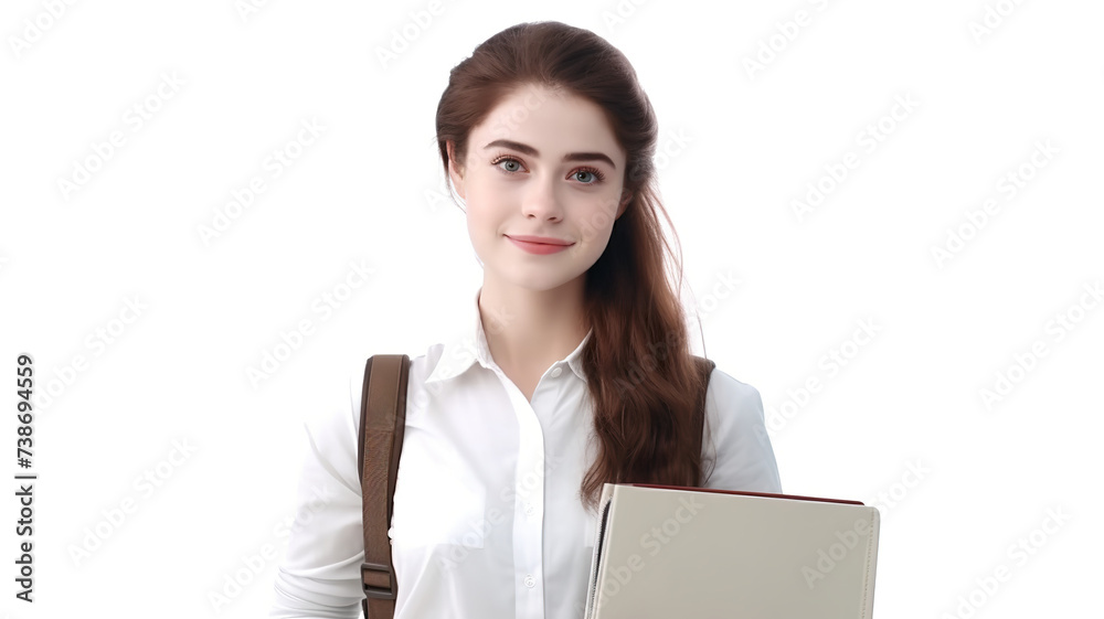 A lovely young lady isolated on a white background holding a backpack and notes A lovely young lady isolated on a white background holding a backpack and notes