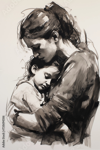 Drawing of mother and child, tender moment about motherhood