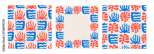Set of seamless patterns and frame with abstract organic shapes of underwater plants. Retro seamless backgrounds with abstract corals or seaweed. Matisse inspired prints	