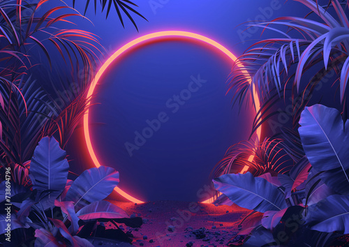 Mystical Neon Eclipse Amidst Exotic Flora  A Vibrant Digital Artwork for Futuristic and Fantasy Concepts