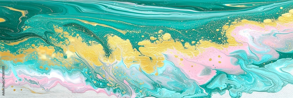 Vibrant Abstract Acrylic Pour Painting with Swirling Colors and Gold Accents
