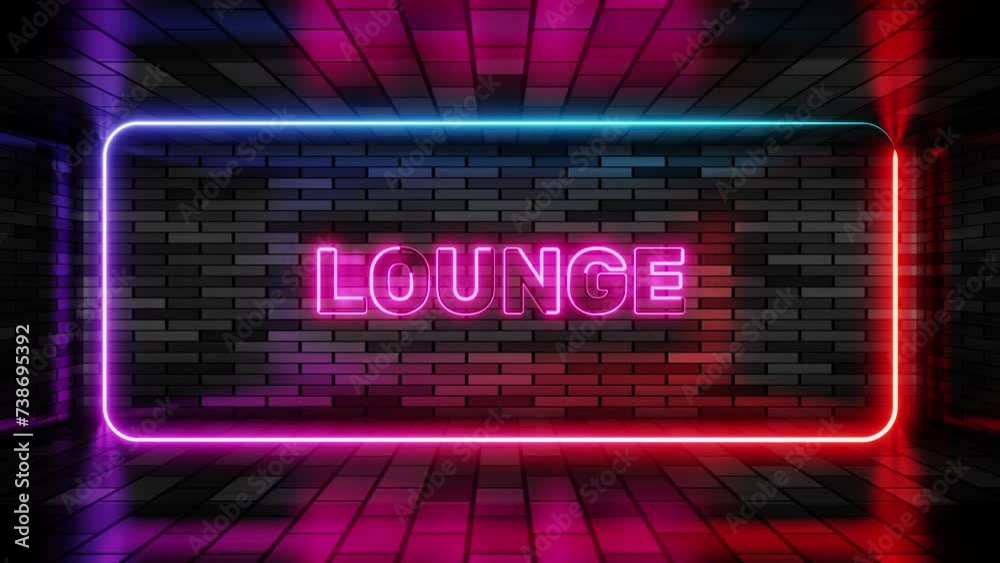 Neon sign lounge in speech bubble frame on brick wall background 3d render. Light banner on the wall background. Lounge loop relax bar, design template, night neon signboard
