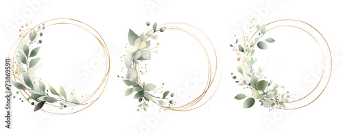 Set of green lleaves wreath eucalyptus branches and gold circle decoration. photo