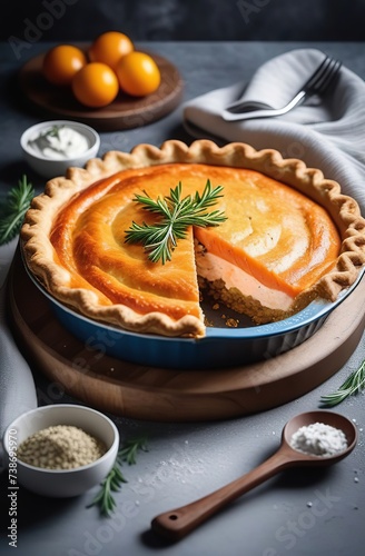 Classic pie with minced meat and rice on wooden board Composition with meat pie on concrete background with textile and spices Homemade pie with meat and rice in rustic style on gray table 