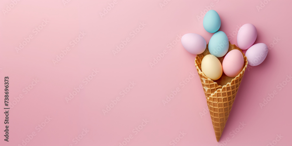 A tasteful and imaginative display of Easter eggs in varied pastel shades, arranged in a waffle cone on a smooth pink background. A tasteful and imaginative display of Easter eggs in varied pastel shades, arranged in a waffle cone on a smooth pink background.