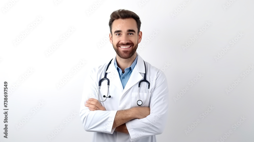 A happy and upbeat doctor with crossed hands is isolated against a stark white background.