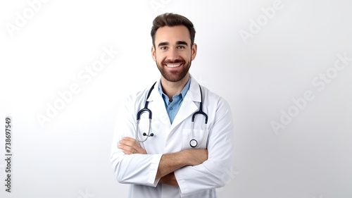 A happy and upbeat doctor with crossed hands is isolated against a stark white background.