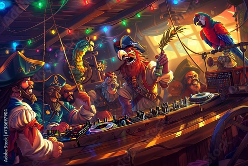 A lively pirate party with a colorful parrot perched on top of it, featuring pirate-themed decorations, costumes, and activities. Generative AI
