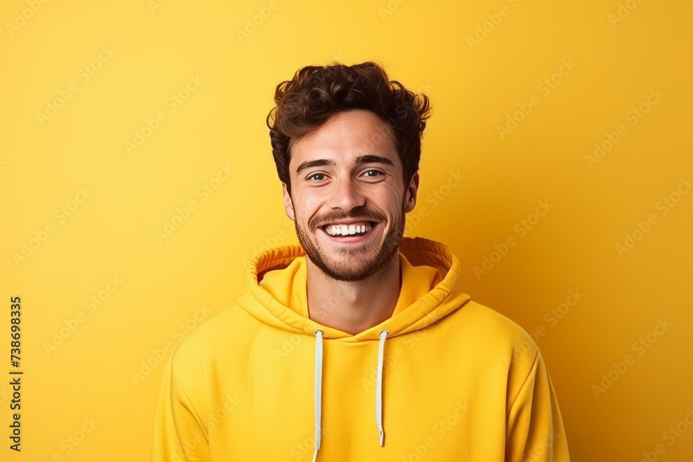 Portrait of a happy young man in yellow hoodie over yellow background Portrait of a happy young man in yellow hoodie over yellow background