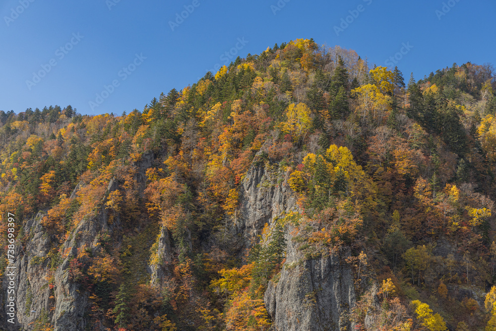 日本　北海道札幌市南区定山渓にある豊平峡ダムの渓谷の紅葉と千丈岩
