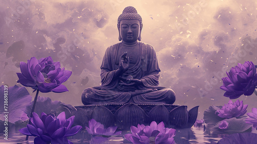 Buddha with purple lotuses on the darl sky background