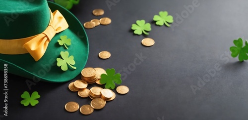 Close up of festive green hat with clover shamrock on table with golden coins. Irish St. Patrick Day Festival and 17 March Banner. Copy space. Generation Ai
