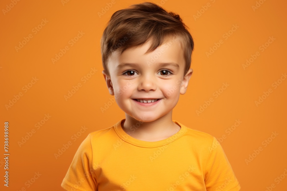 smiling little boy in a yellow t-shirt over orange background smiling little boy in a yellow t-shirt over orange background