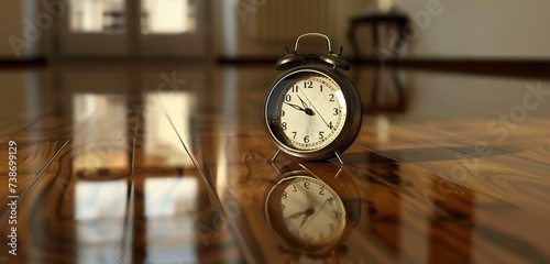 Reflection of a vintage alarm clock on a polished mahogany surface, distorted yet elegant.