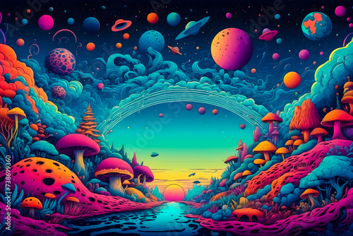colorful psychedelic landscape with mushrooms and planets, surreal fantasy world #738699360
