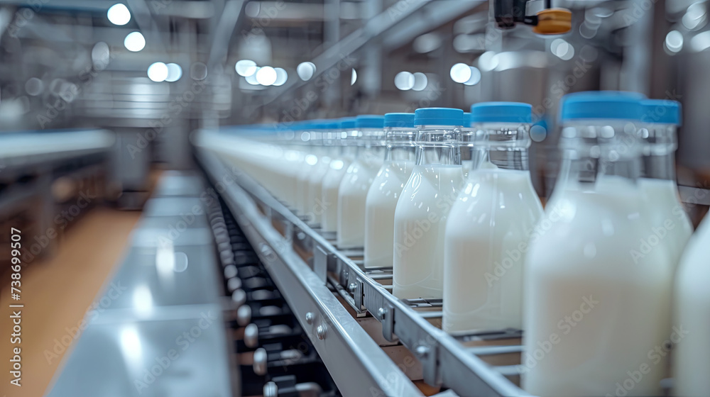 Production milk in bottles in a factory, food industry concept - obrazy, fototapety, plakaty 