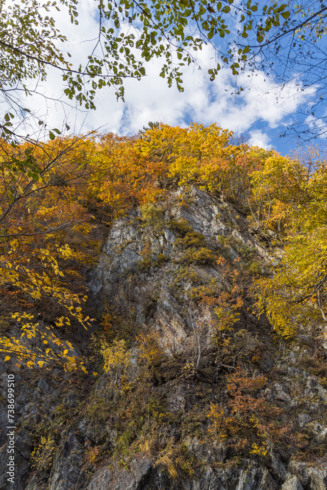 日本　北海道札幌市南区定山渓の豊平川沿いのかっぱ淵と紅葉