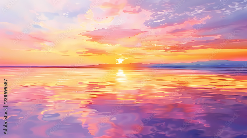 Tranquil Sunset Over Calm Waters Watercolor Painting Background