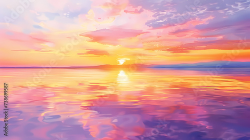 Tranquil Sunset Over Calm Waters Watercolor Painting Background