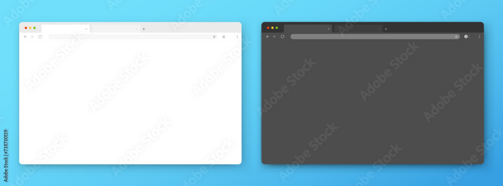 Browser windows. A set of realistic empty browser windows in white and gray with a toolbar, a search bar and a shadow on a blue background. Vector illustration. Browser windows. A set of realistic empty browser windows in white and gray with a toolbar, a search bar and a shadow on a blue background. Vector illustration.