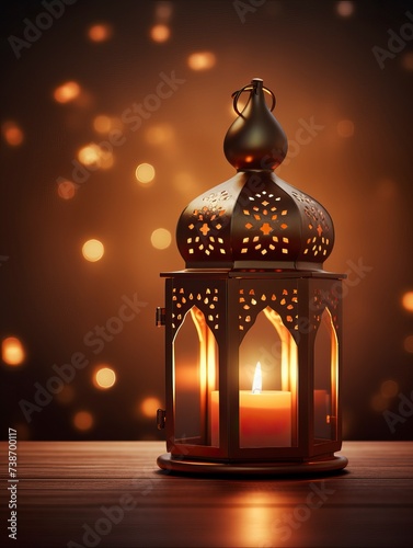 Ornamental Arabic lantern with burning candle, copy space - generative ai