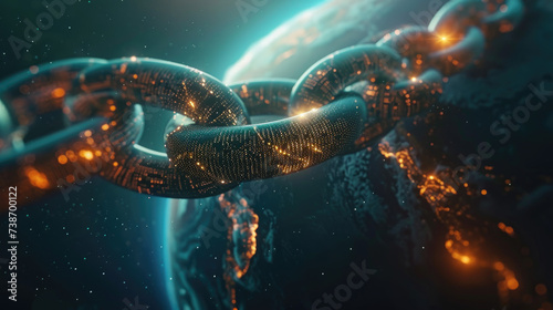 In a visually captivating representation of blockchain technology, interconnected chains with glowing nodes in a digital realm illustrate the essence of security, connectivity, and cryptography.