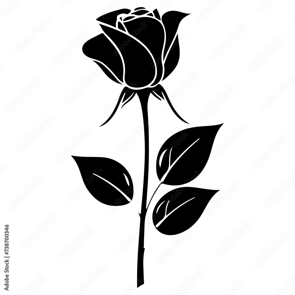 rose with leaves, Vector black silhouette of a rose flower rose with leaves, Vector black silhouette of a rose flower