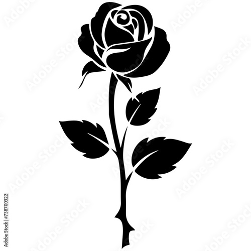 rose with leaves, Vector black silhouette of a rose flower	