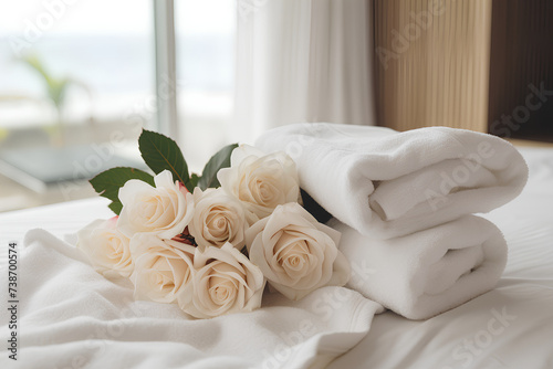 A White Towel Placed on the Bed Next to Another Bouquet