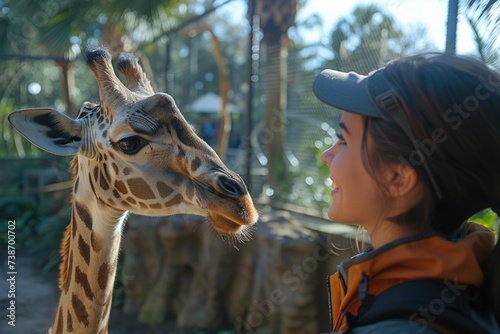 A joyful encounter between a woman and a giraffe in a sunlit zoo, their faces close in a moment of connection. © P