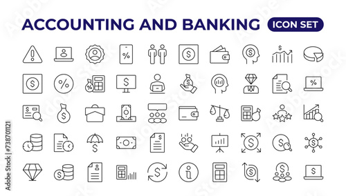 Set of line icons related to accounting, audit, and taxes. Outline icon collection. Businesssymbols.Income set. Containing money, tax, earnings, payment,paycheck, work, pension, and wages icons.