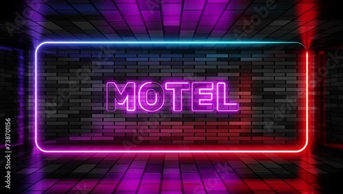 Neon sign motel in speech bubble frame on brick wall background 3d render. Light banner on the wall background. Motel loop booking apartments, design template, night neon signboard photo