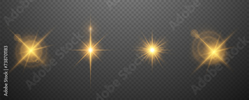 A set of glowing golden lighting effects on a transparent background. Sparkling and shining stars, bright flashes of lights with radiation. Vector illustration.