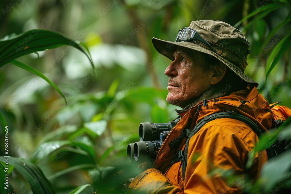 An attentive man in an orange jacket with binoculars looks on, immersed in the dense greenery of the jungle.