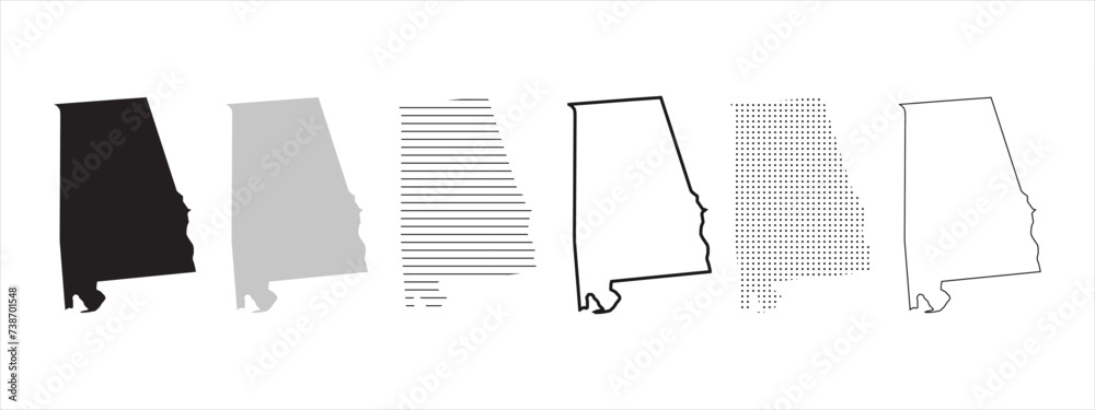 Alabama State Map Black. Alabama map silhouette isolated on transparent background. Vector Illustration. Variants. - obrazy, fototapety, plakaty 