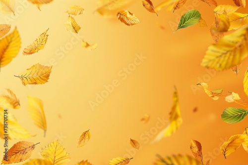Mid Yellow Seasonal Wallpaper with Falling Autumn Leaves. Natural Banner with copy-space.