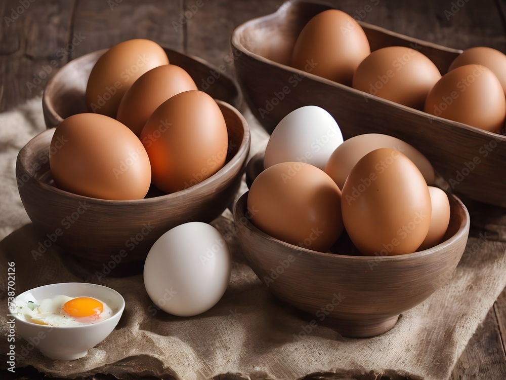 Bowls of white and brown eggs Bowls of white and brown eggs