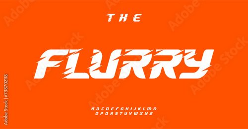 Dynamic font style on vibrant orange, energizing feel. Alphabet letters in motion, bold typography for modern designs. High visibility for branding, headlines. Vector illustration