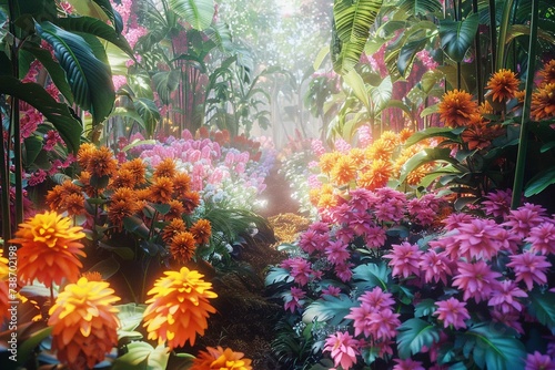 Paradise garden full of flowers, beautiful idyllic Paradise garden full of flowers, beautiful idyllic background with many flowers in Eden, 3d illustration with vivid colors. © Esha