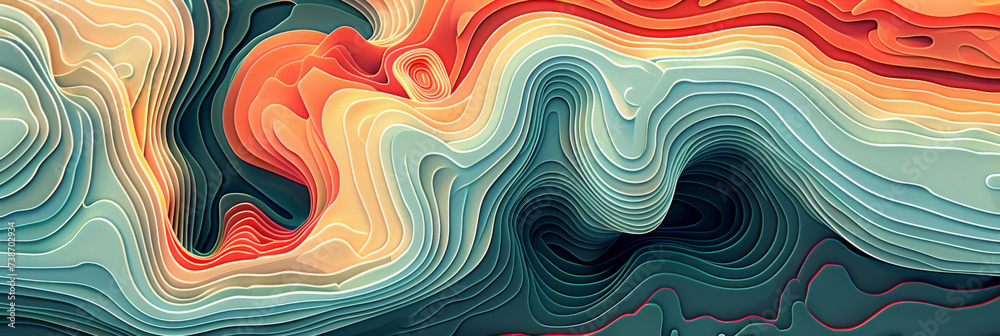 Fototapeta premium abstract green background with waves, green red yellow papercut art, green abstract with wavy lines. for nature-themed designs, environmental concepts,Topography papercut texture background