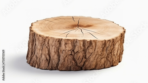 Close-up of a round, cut-down wooden stump isolated on a background of pure white