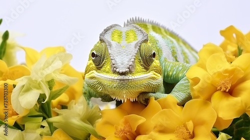 close-up of a chameleon covered in a flower set against a stark white background photo