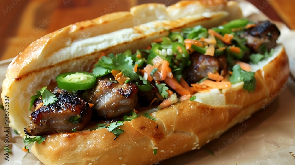 Vietnamese banh mi sandwich filled with lemongrass-marinated grilled pork, pickled vegetables, cilantro, and jalape?+/-os - obrazy, fototapety, plakaty 