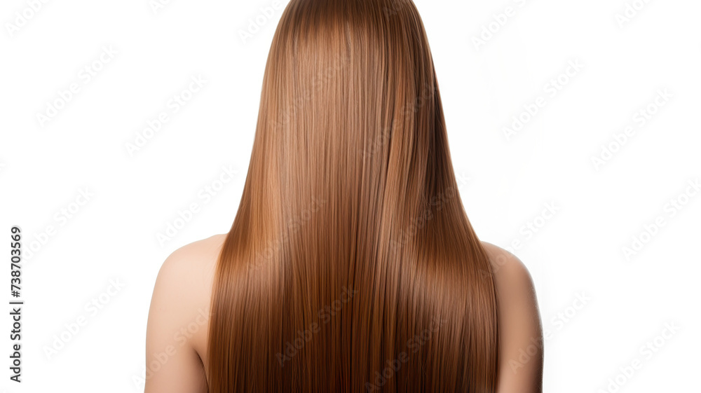 A woman combing her long, straight, healthy hair against a stark white background A woman combing her long, straight, healthy hair against a stark white background